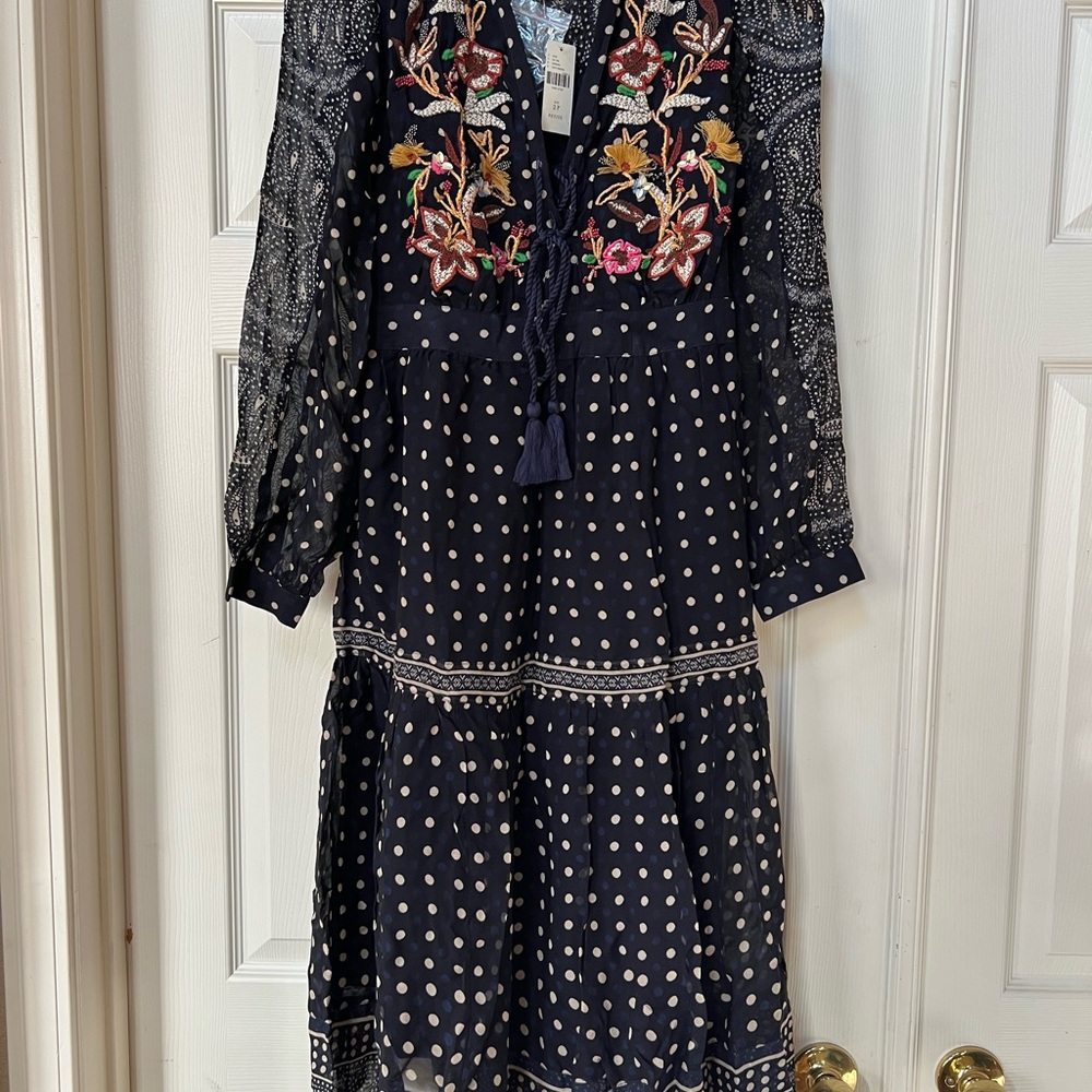 Anthropologie Maeve Embroidered Polka Dot Navy Dress